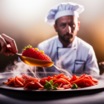 An image showcasing a vibrant kitchen scene with a chef using a gas stove, gently heating a platter of fresh, colorful raw ingredients, emitting wisps of steam, as the ingredients gradually transform into deliciously cooked food