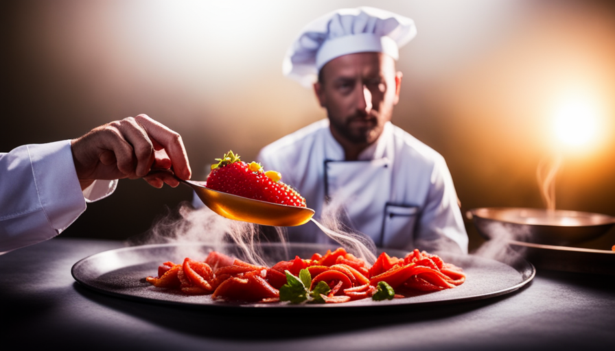 An image showcasing a vibrant kitchen scene with a chef using a gas stove, gently heating a platter of fresh, colorful raw ingredients, emitting wisps of steam, as the ingredients gradually transform into deliciously cooked food