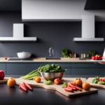 An image showcasing a sleek, modern kitchen with a state-of-the-art induction cooktop emitting vibrant, swirling heat around a colorful array of fresh, uncooked vegetables, fruits, and grains, enticingly awaiting transformation
