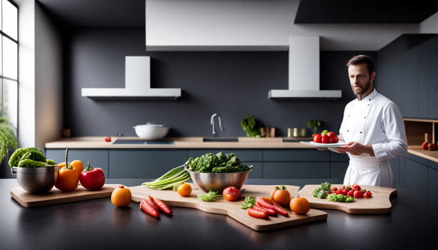 An image showcasing a sleek, modern kitchen with a state-of-the-art induction cooktop emitting vibrant, swirling heat around a colorful array of fresh, uncooked vegetables, fruits, and grains, enticingly awaiting transformation