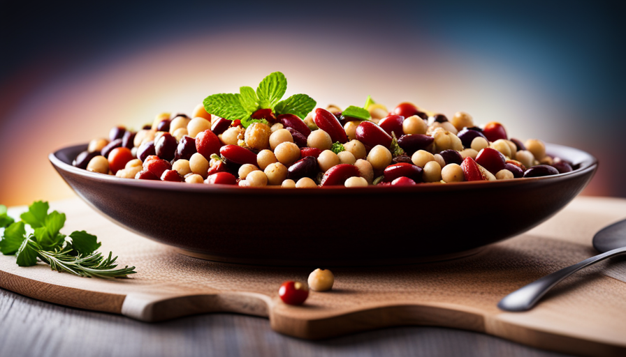 An image showcasing a vibrant salad bowl filled with a colorful assortment of raw beans, including kidney, black, and chickpeas