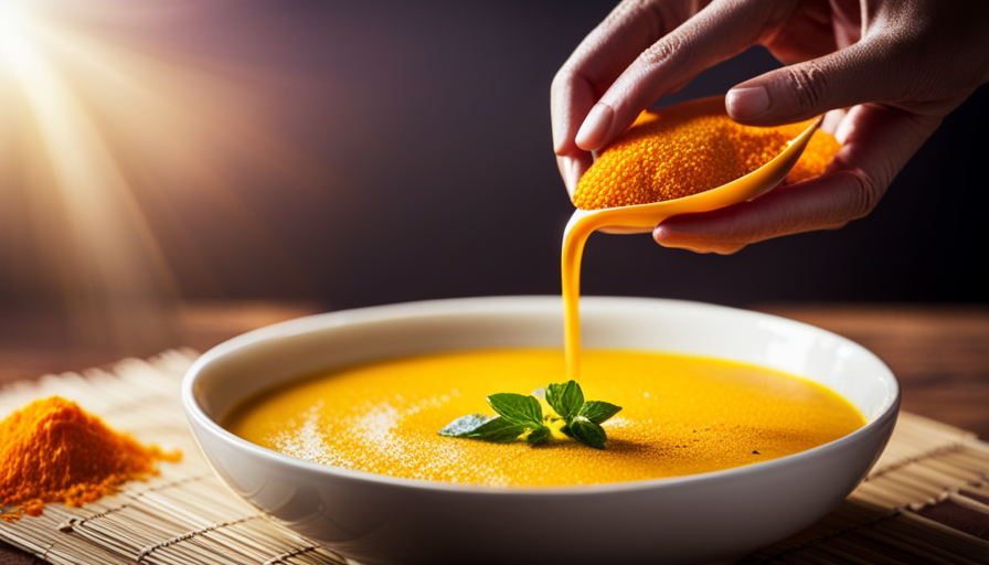 An image showcasing a vibrant, close-up shot of freshly grated raw turmeric being sprinkled onto a golden soup, with the sunlight glistening on the spice and its orange hue beautifully contrasting with the creamy background