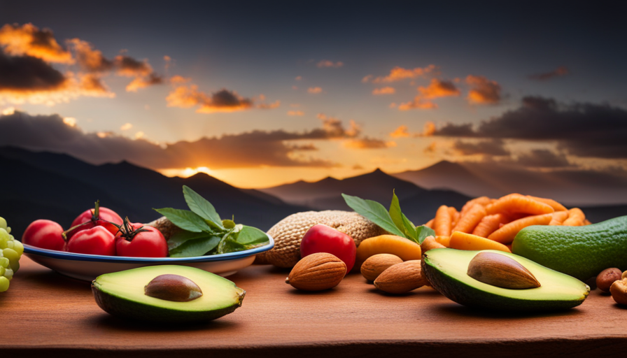 An image showcasing an assortment of vibrant, nutrient-rich raw vegetables and fruits, alongside a variety of raw nuts, seeds, and avocado, enticing readers to increase their fat intake on a raw food vegetarian diet