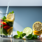 An image showcasing a vibrant array of fresh fruits and vegetables submerged in a glass of water