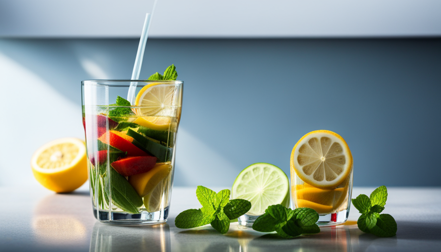 An image showcasing a vibrant array of fresh fruits and vegetables submerged in a glass of water