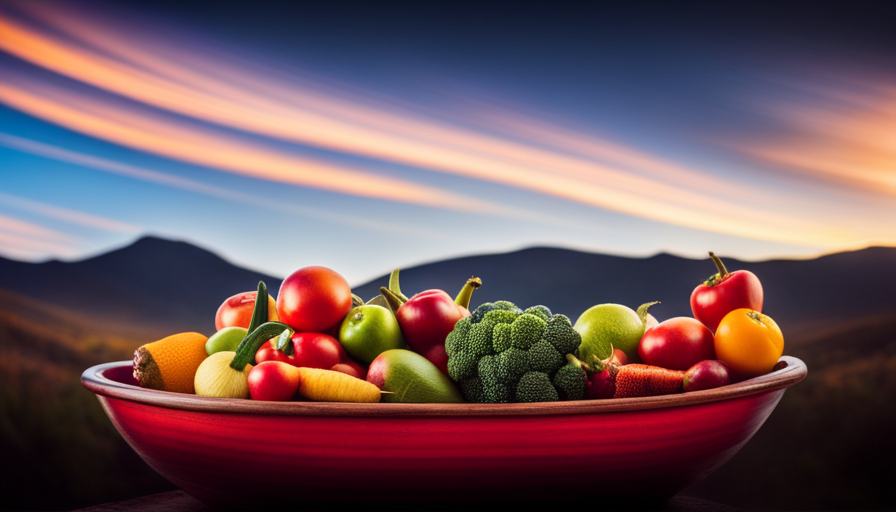 An image showcasing a vibrant, overflowing bowl filled with an assortment of colorful, freshly picked fruits and vegetables