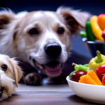 An image of a happy dog sitting beside a bowl filled with colorful fruits and vegetables, while their owner gently introduces a fresh piece of raw food, showcasing the vibrant colors and textures