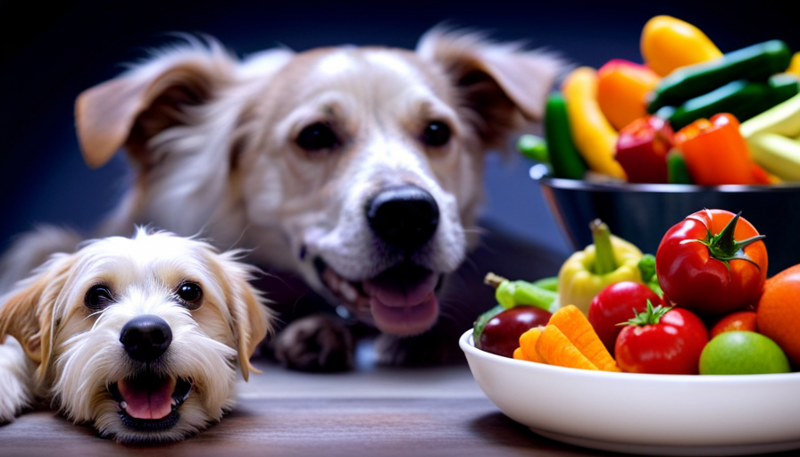An image of a happy dog sitting beside a bowl filled with colorful fruits and vegetables, while their owner gently introduces a fresh piece of raw food, showcasing the vibrant colors and textures