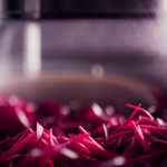 An image showcasing a vibrant red beetroot being effortlessly shredded by a high-speed food processor, emanating a cloud of fine ruby particles, illustrating the process of raw juicing
