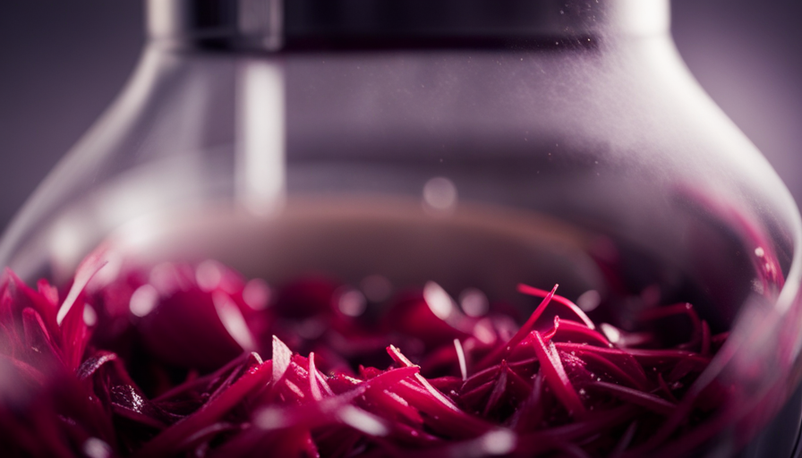 An image showcasing a vibrant red beetroot being effortlessly shredded by a high-speed food processor, emanating a cloud of fine ruby particles, illustrating the process of raw juicing
