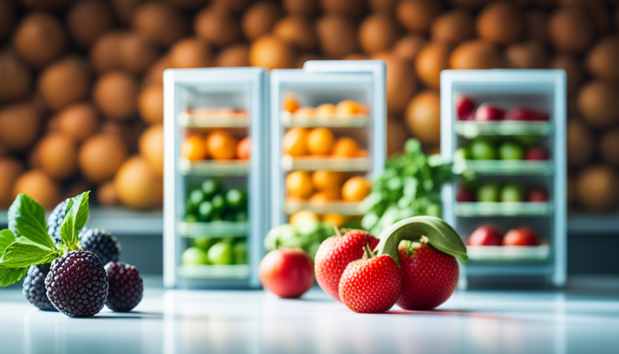 An image showcasing a refrigerator filled with vibrant and crisp fruits and vegetables, arranged neatly in clear, airtight containers
