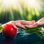 An image capturing a hand rinsing raw vegetables under a steady stream of cool water, highlighting the droplets splashing against the vibrant produce, effectively eliminating harmful germs and bacteria