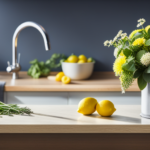 An image capturing a sunny kitchen scene, with a sparkling clean sink filled with sliced lemons immersed in water, a vibrant bouquet of fresh herbs on the counter, and a mason jar filled with activated charcoal odor absorbers discreetly placed nearby