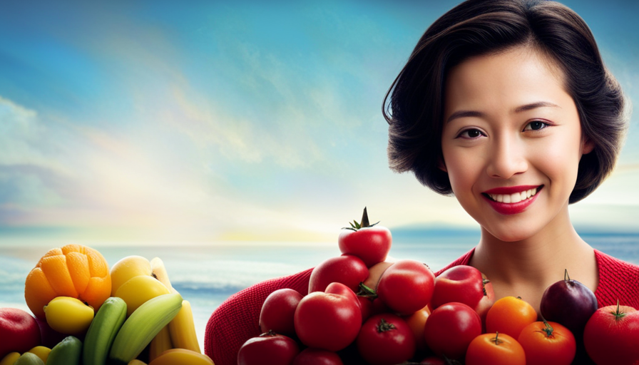 An image showcasing a person radiating vitality and joy, surrounded by an abundance of vibrant, fresh fruits and vegetables