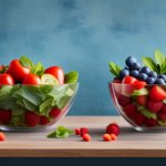An image showcasing a vibrant, colorful salad bowl filled with an assortment of fresh fruits and vegetables