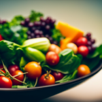 An image capturing a vibrant bowl of freshly sliced fruits, leafy greens, and colorful vegetables
