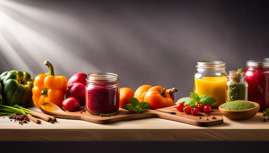 An image showcasing a vibrant assortment of fresh, colorful fruits and vegetables artfully arranged on a wooden cutting board, surrounded by gleaming stainless steel kitchen utensils and elegant glass jars filled with spices and herbs