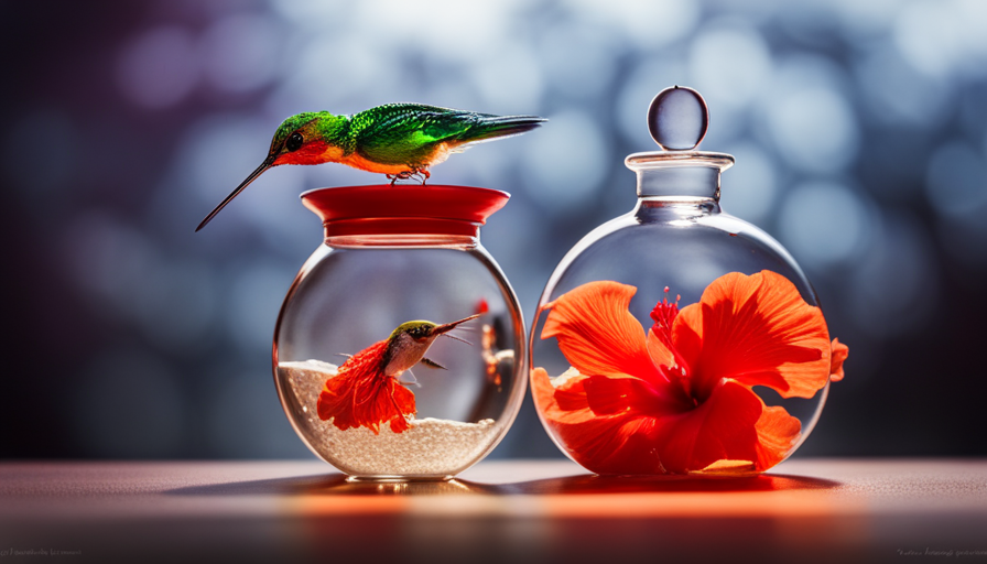 An image depicting a close-up view of a glass jar filled with crystal clear water, adorned with vibrant red and orange hibiscus flowers and a delicate hummingbird feeder, showcasing the process of making hummingbird food with raw sugar