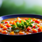 An image capturing the vibrant, colorful essence of raw food soup: a luscious bowl filled with an assortment of freshly chopped vegetables, immersed in a crystal-clear, nutrient-rich broth, topped with delicate herbs and a sprinkle of crushed seeds