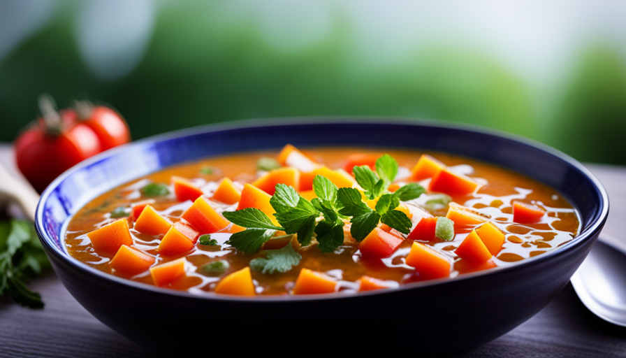 An image capturing the vibrant, colorful essence of raw food soup: a luscious bowl filled with an assortment of freshly chopped vegetables, immersed in a crystal-clear, nutrient-rich broth, topped with delicate herbs and a sprinkle of crushed seeds