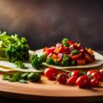 An image showcasing a vibrant spread of fresh, colorful vegetables like vibrant leafy greens, crisp bell peppers, ripe tomatoes, and fragrant herbs all beautifully arranged on a raw food tortilla
