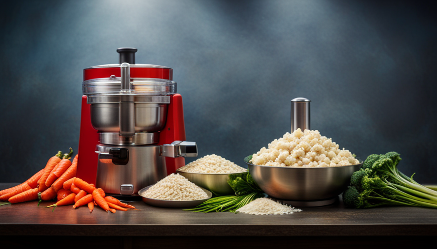 An image showcasing a food processor filled with vibrant raw vegetables like cauliflower, broccoli, and carrots, being transformed into fluffy, rice-like grains
