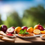 An image showcasing a vibrant, well-balanced meal spread on a wooden table, featuring an assortment of colorful fruits, vegetables, leafy greens, nuts, and seeds, exuding freshness and nourishment
