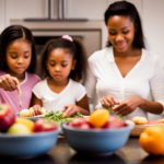 An image showcasing a bustling kitchen scene: a parent effortlessly prepping vibrant fruits and vegetables at a spacious counter while playfully engaging with their children, who are happily munching on wholesome raw snacks nearby