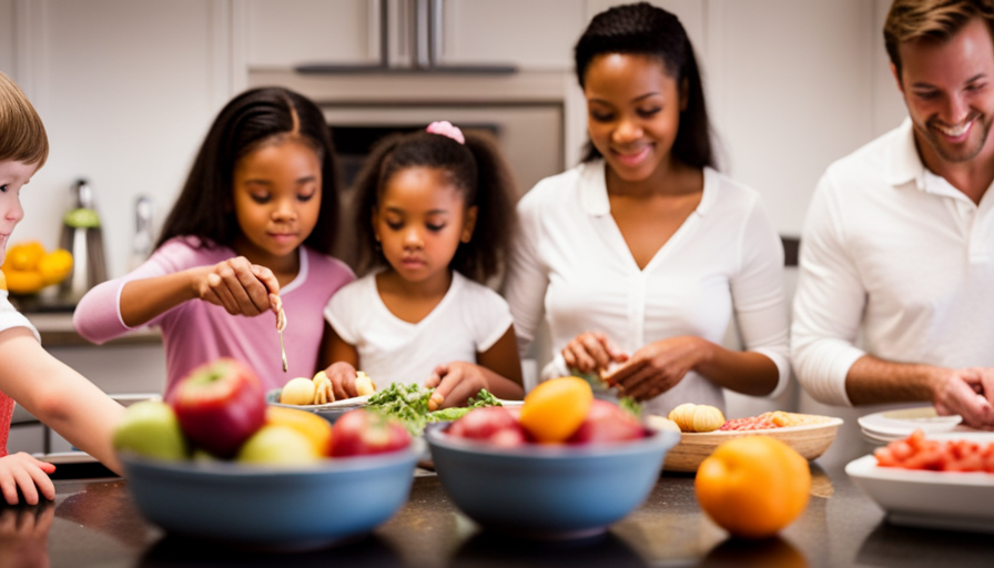 An image showcasing a bustling kitchen scene: a parent effortlessly prepping vibrant fruits and vegetables at a spacious counter while playfully engaging with their children, who are happily munching on wholesome raw snacks nearby