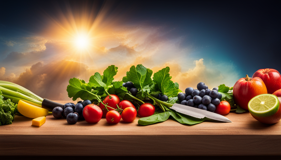 An image showcasing a vibrant array of fresh fruits, leafy greens, and colorful vegetables neatly arranged on a wooden cutting board