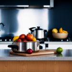 An image showcasing a minimalist, well-organized kitchen with stainless steel countertops, glass jars filled with vibrant fruits and vegetables, a juicer, sprouting trays, and a cutting board with fresh produce