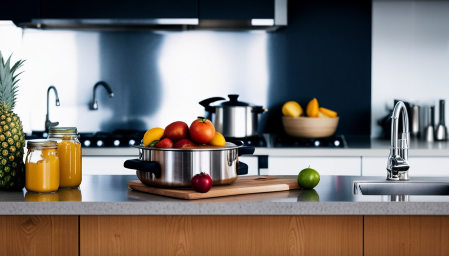 An image showcasing a minimalist, well-organized kitchen with stainless steel countertops, glass jars filled with vibrant fruits and vegetables, a juicer, sprouting trays, and a cutting board with fresh produce