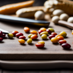 An image depicting a vibrant spread of fresh, colorful beans in various shapes and sizes, meticulously arranged on a wooden cutting board