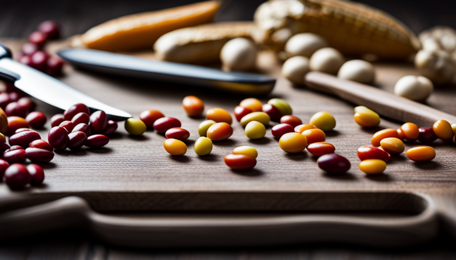 An image depicting a vibrant spread of fresh, colorful beans in various shapes and sizes, meticulously arranged on a wooden cutting board