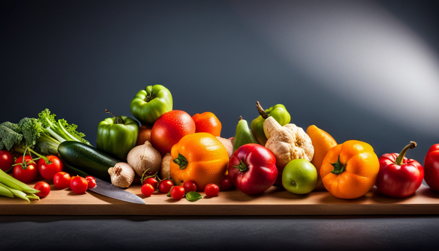 An image showcasing a vibrant array of freshly harvested fruits and vegetables, perfectly arranged on a wooden cutting board
