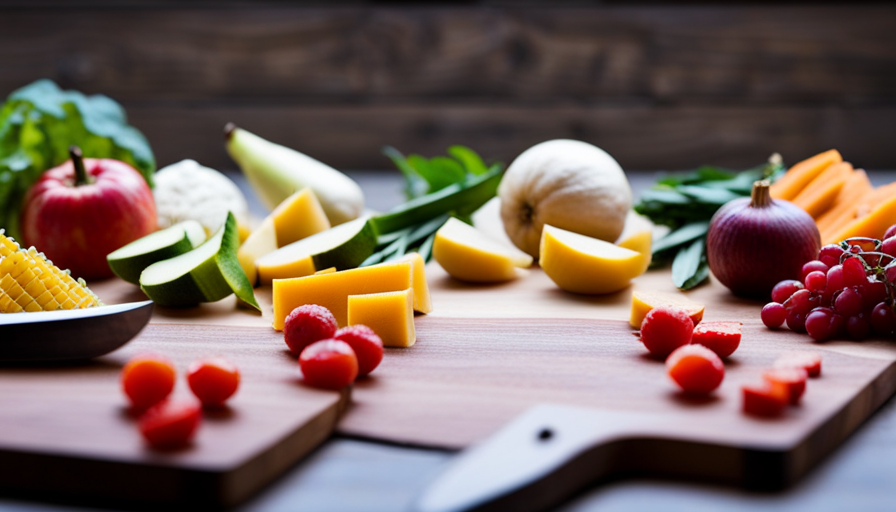 An image that showcases vibrant, fresh produce, meticulously sliced and beautifully arranged on a wooden cutting board
