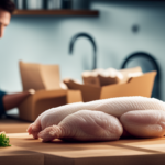 An image showcasing a clean, organized kitchen counter with a sealed package of raw chicken and a bright cutting board