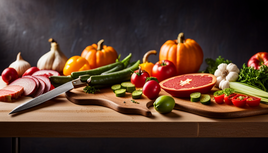 An image showcasing a diverse array of fresh ingredients, meticulously arranged on a wooden cutting board