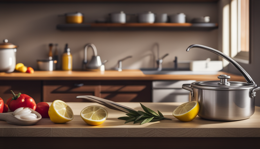 An image featuring a clean, white kitchen counter with a stainless steel oyster shucking knife, a bowl of fresh lemons, a bottle of hot sauce, and a thermometer