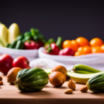 An image showcasing a colorful assortment of fresh fruits and vegetables artfully arranged on a wooden cutting board, surrounded by jars of homemade nut butter, and a stack of reusable produce bags