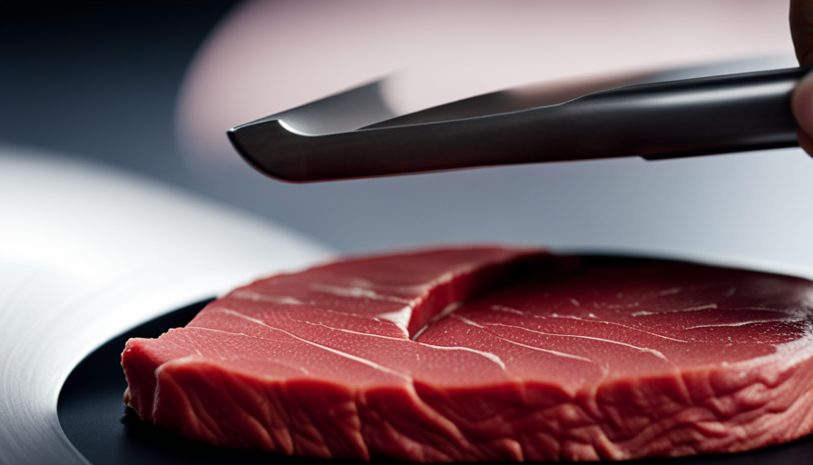 An image capturing the process of effortlessly slicing a raw top sirloin steak using a Cuisinart food processor