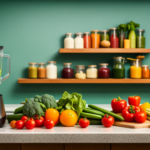 An image showcasing a colorful kitchen counter filled with an array of freshly picked fruits and vegetables, a blender blending a vibrant green smoothie, and a plate of beautifully arranged raw vegan dishes