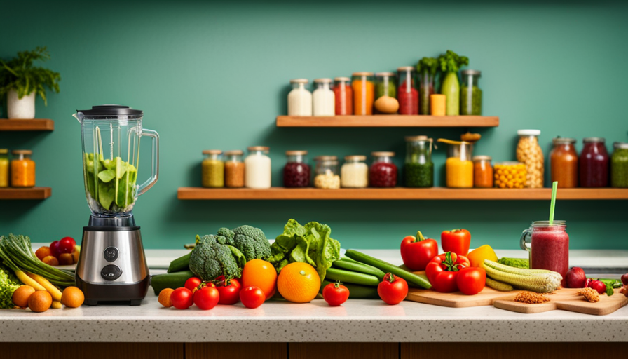 An image showcasing a colorful kitchen counter filled with an array of freshly picked fruits and vegetables, a blender blending a vibrant green smoothie, and a plate of beautifully arranged raw vegan dishes