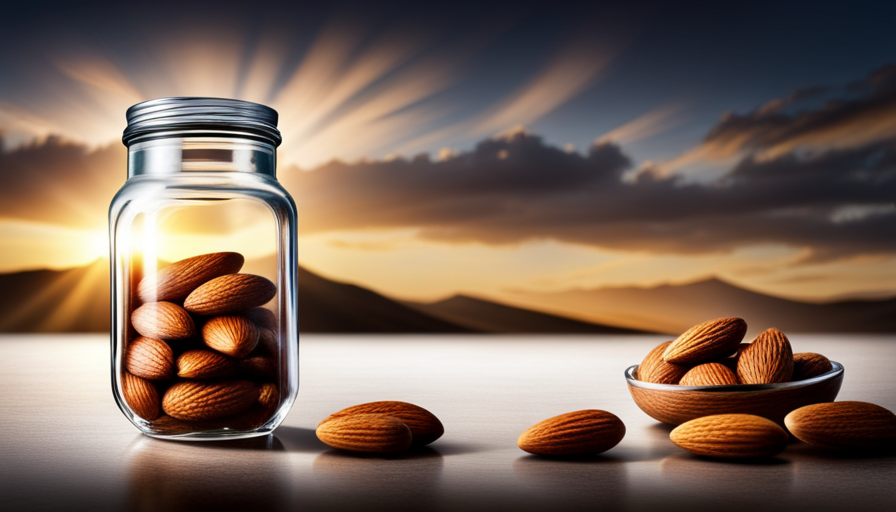 An image showcasing a mason jar filled with fresh, unpeeled almonds submerged in crystal-clear water