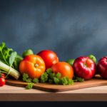 An image showcasing a vibrant assortment of fresh, colorful fruits, vegetables, and leafy greens beautifully arranged on a wooden cutting board, inspiring readers to embark on a raw food diet journey