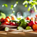 An image showcasing a vibrant, colorful kitchen filled with an array of fresh, organic fruits and vegetables