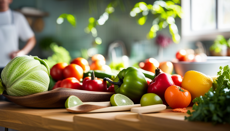 An image showcasing a vibrant, colorful kitchen filled with an array of fresh, organic fruits and vegetables