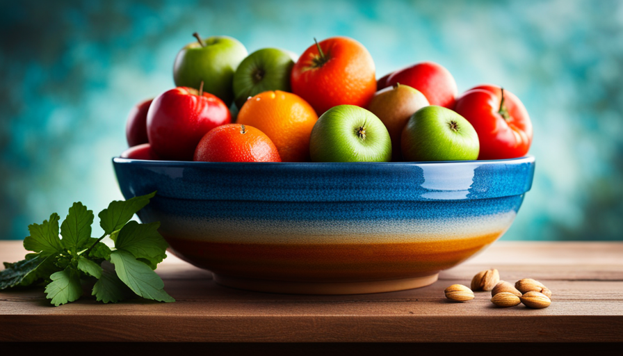 An image showcasing a vibrant, colorful bowl filled with an abundance of fresh fruits, vegetables, and leafy greens