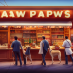 An image showcasing a vibrant storefront with a signboard displaying "Raw Paws" in bold, surrounded by fresh, colorful fruits, vegetables, and raw meat products