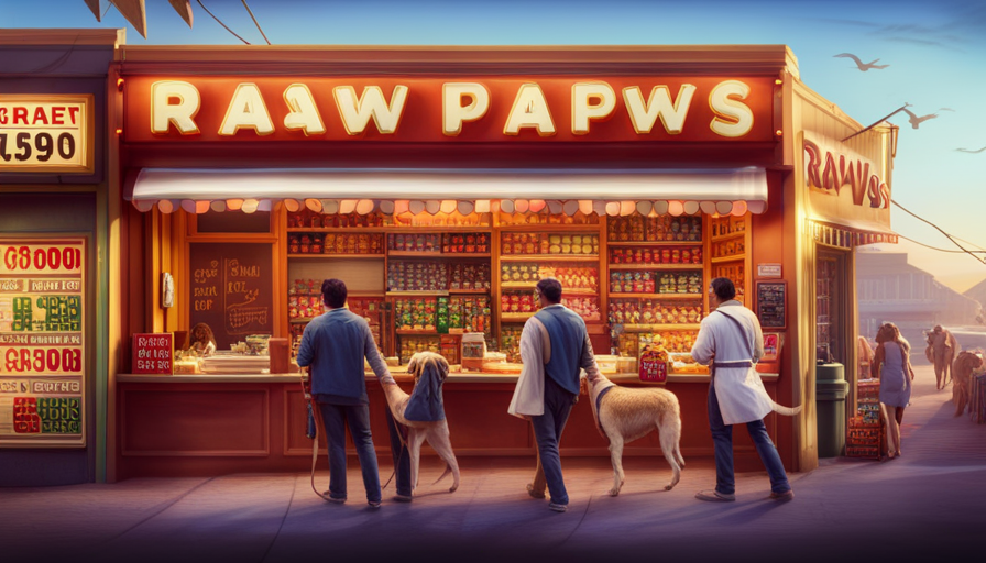 An image showcasing a vibrant storefront with a signboard displaying "Raw Paws" in bold, surrounded by fresh, colorful fruits, vegetables, and raw meat products